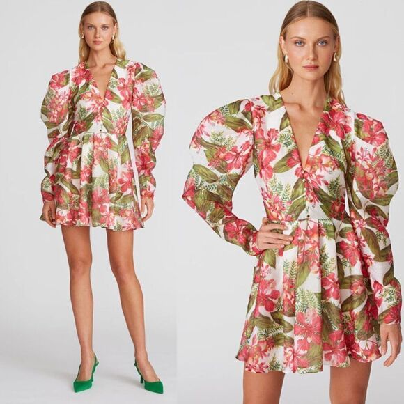 NEW AMUR Dress Floral Tropical Puff Sleeve Mini Dress Red Size 8 - Picture 1 of 9